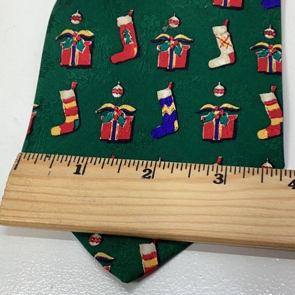 Robert Talbots Holiday Green Tie with Stockings, Gifts & Christmas Balls - Picture 2 of 8